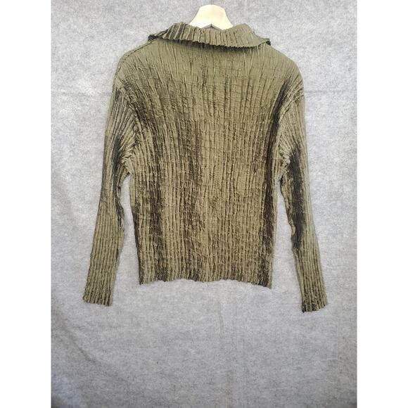 Jolie Mine Size Medium Olive Green Button Up Crinkle Blouse Made In France - Picture 2 of 6